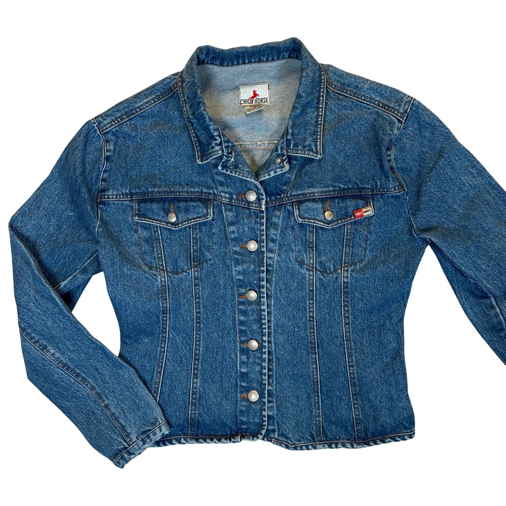Crazy Horse Womens Vintage Blue Denim Trucker Jacket Medium Wash Cotton Coat